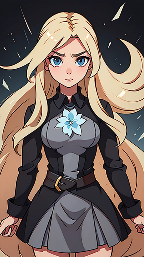 Nara Vor EndField has long, flowing blonde hair that reaches her waist and piercing blue eyes, reflecting intelligence and sharpness. She wears a simple yet stylish black dress with a high collar and a belt at the waist, adding a touch of elegance. Her serious and focused expression suggests determination and readiness for a challenge. The abstract, glowing background enhances the mysterious and dramatic aura surrounding her, emphasizing her strong and charismatic presence.