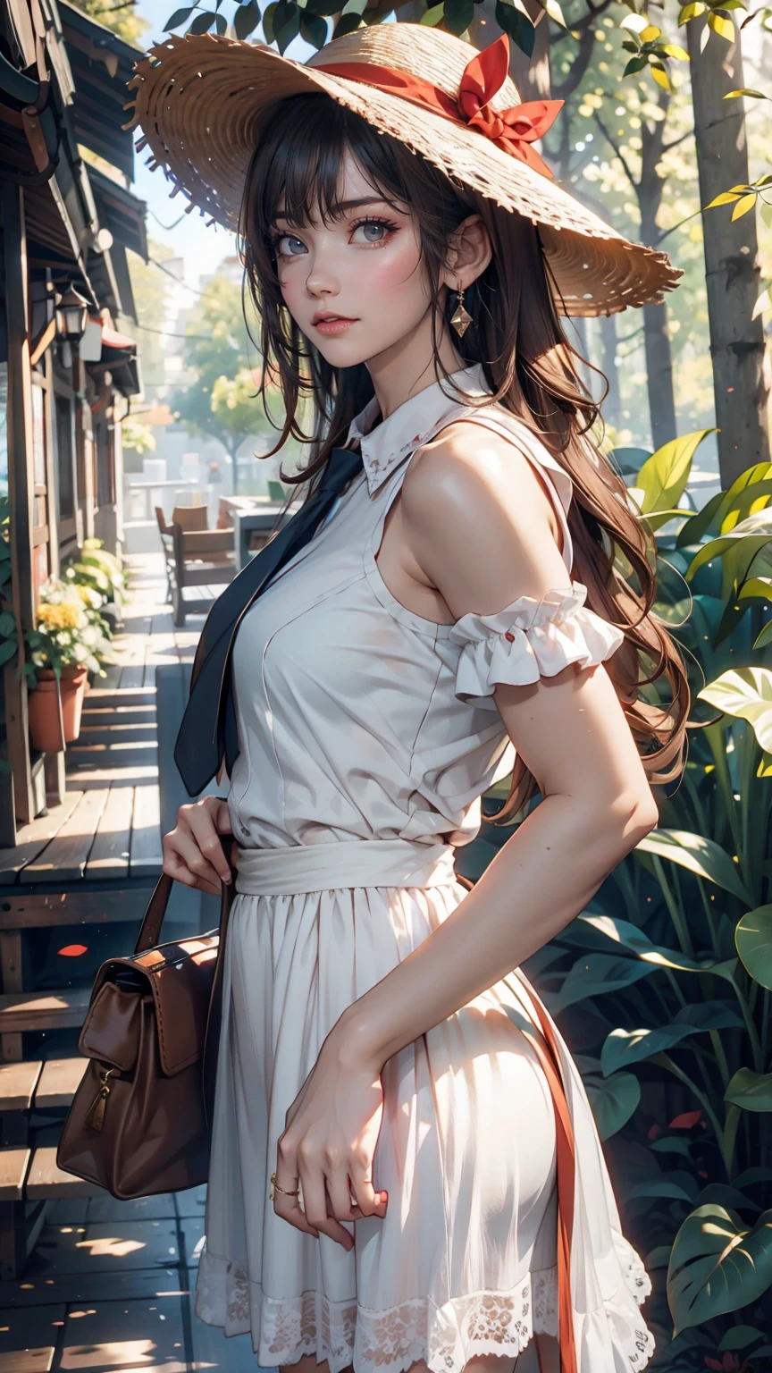 24-year-old female、Long eyelashes、Beautiful appearance、White summer dress decorated with lace、Brown Hair、Side Ponytail((Tie it up with a scrunchie))、Sunlight filtering through the trees、Forest Walk、Walking、Cute handbag、Sandals、Wide-brimmed hat decorated with ribbon((Capelin))、Wear a brightly colored scarf around your neck、Lady style