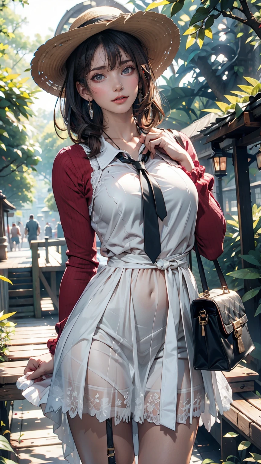 24-year-old female、Long eyelashes、Beautiful appearance、White summer dress decorated with lace、Brown Hair、Side Ponytail((Tie it up with a scrunchie))、Sunlight filtering through the trees、Forest Walk、Walking、Cute handbag、Sandals、Wide-brimmed hat decorated with ribbon((Capelin))、Wear a brightly colored scarf around your neck、Lady style