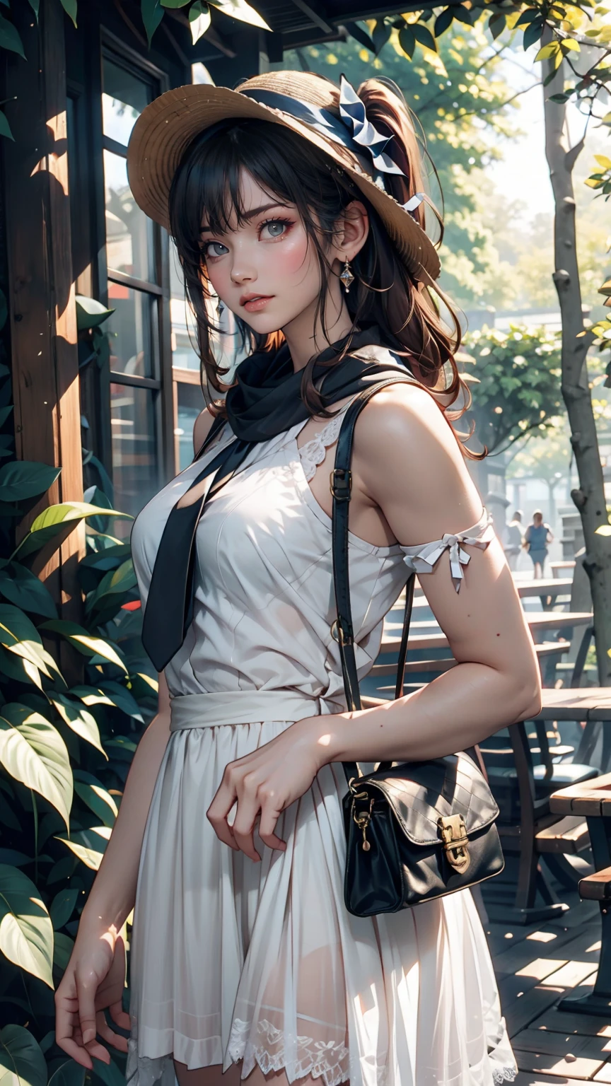 24-year-old female、Long eyelashes、Beautiful appearance、White summer dress decorated with lace、Brown Hair、Side Ponytail((Tie it up with a scrunchie))、Sunlight filtering through the trees、Forest Walk、Walking、Cute handbag、Sandals、Wide-brimmed hat decorated with ribbon((Capelin))、Wear a brightly colored scarf around your neck、Lady style