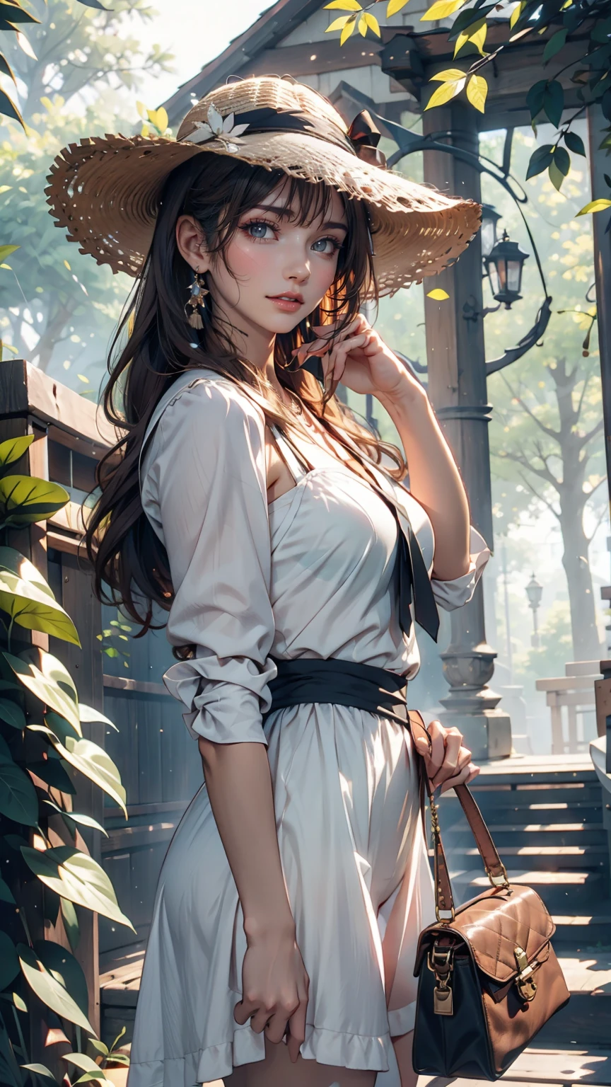 24-year-old female、Long eyelashes、Beautiful appearance、White summer dress decorated with lace、Brown Hair、Side Ponytail((Tie it up with a scrunchie))、Sunlight filtering through the trees、Forest Walk、Walking、Cute handbag、Sandals、Wide-brimmed hat decorated with ribbon((Capelin))、Wear a brightly colored scarf around your neck、Lady style