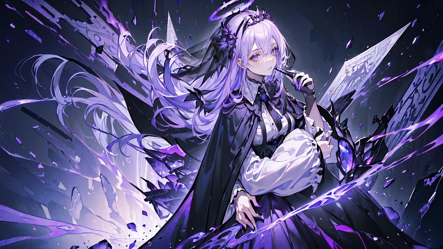 (Super detailed)),((illustration))，((masterpiece)),(((need))),((fine、Highest quality CG Unity 8K wallpapers，masterpiece），（（4K，masterpiece，best quality）），Black hair queen，Sexy，Lilac eyes，Standing upright in a coffin，Mature，Hair Bunch，Hair tied on both sides，Black and gold gauze robe，Black and purple French vintage clothing，Gorgeous pure black cape，Black veil，Purple-white halo，Black and purple high heels，Wearing a crown on the head，Holding a knight&#39;s sword，pyramid，Emitting dim purple light，under deep sea，under deep sea的废墟，under deep sea排满棺材，Mysterious symbols