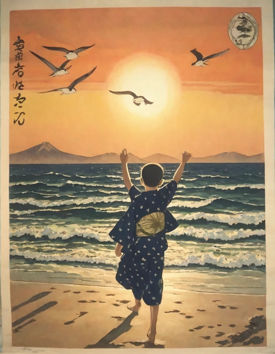 (((1920s Japanese poster)))),Fantastic and beautiful atmosphere、A fantastic touch、Sunset on the sea、Sparrows、Close-up of a young boy waving towards the sea on a sandy beach、A boy with a shaved head and wearing a shaven kimono、Waving to the sea