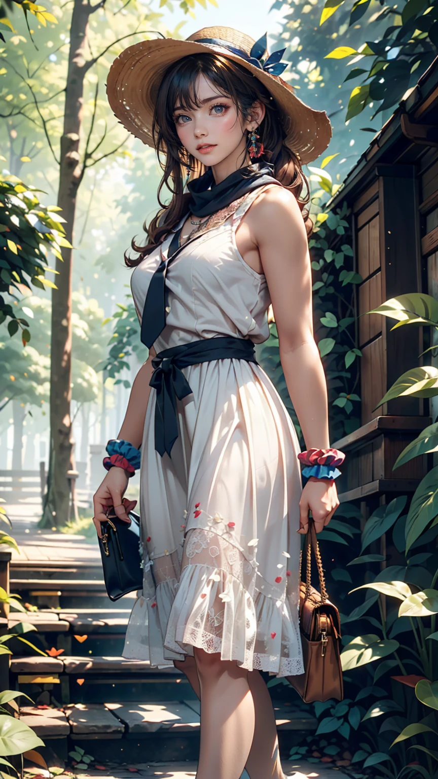 24-year-old female、Long eyelashes、Beautiful appearance、White summer dress decorated with lace、Brown Hair、Side Ponytail((Tie it up with a scrunchie))、Sunlight filtering through the trees、Forest Walk、Walking、Cute handbag、Sandals、Wide-brimmed hat decorated with ribbon((Capelin))、Wear a brightly colored scarf around your neck、Lady style
