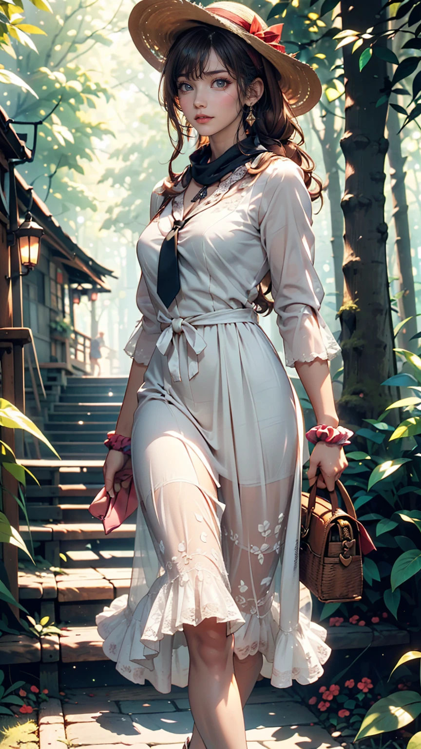 24-year-old female、Long eyelashes、Beautiful appearance、White summer dress decorated with lace、Brown Hair、Side Ponytail((Tie it up with a scrunchie))、Sunlight filtering through the trees、Forest Walk、Walking、Cute handbag、Sandals、Wide-brimmed hat decorated with ribbon((Capelin))、Wear a brightly colored scarf around your neck、Lady style