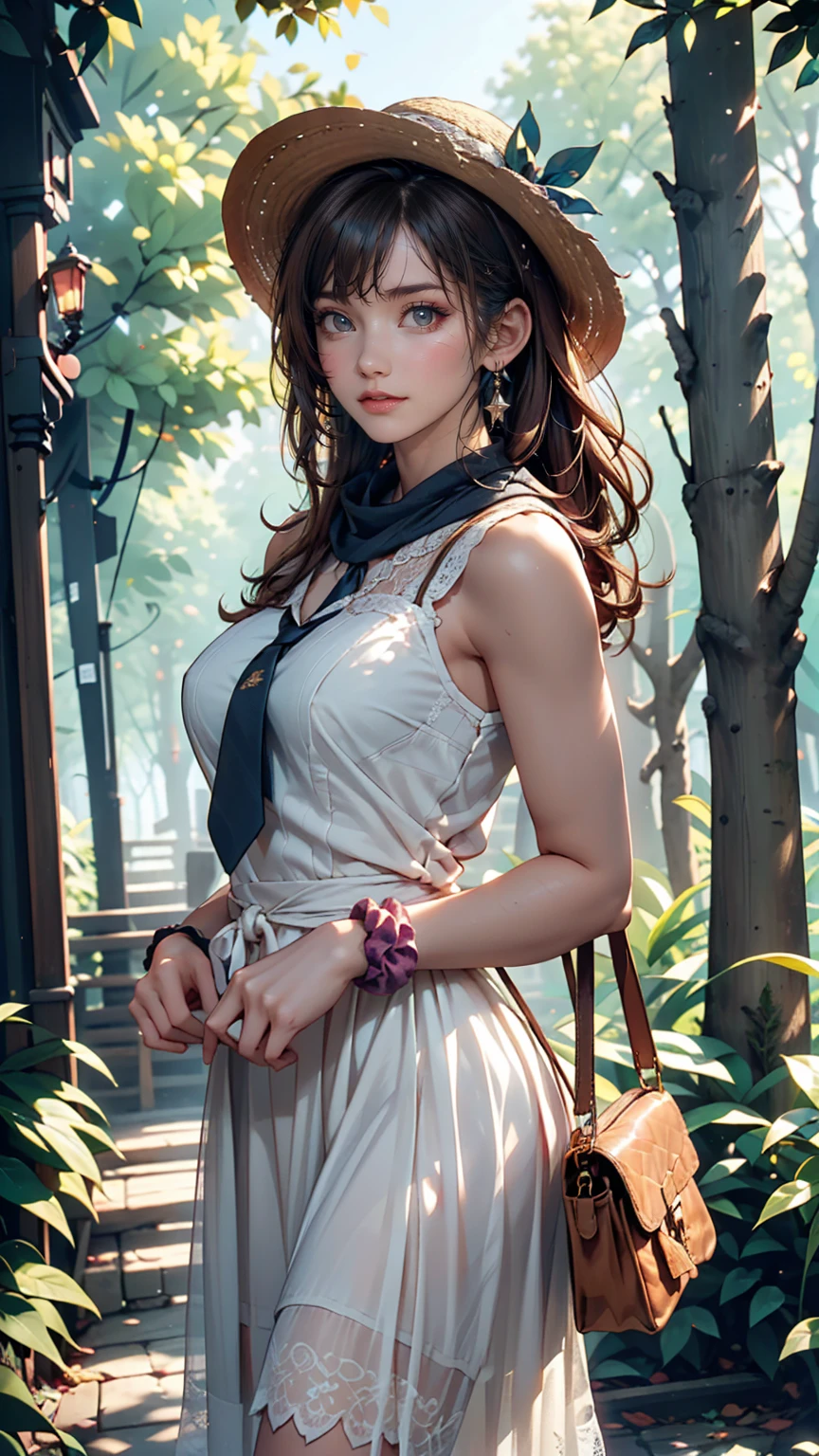 24-year-old female、Long eyelashes、Beautiful appearance、White summer dress decorated with lace、Brown Hair、Side Ponytail((Tie it up with a scrunchie))、Sunlight filtering through the trees、Forest Walk、Walking、Cute handbag、Sandals、Wide-brimmed hat decorated with ribbon((Capelin))、Wear a brightly colored scarf around your neck、Lady style