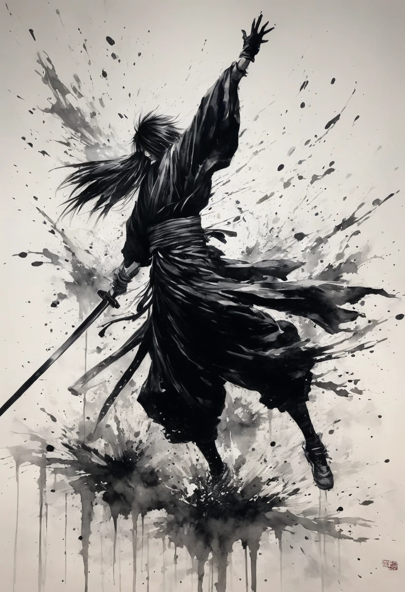 Ink painting,Ink Painting,Black and white painting,splash,Rurouni Kenshin,Kenshin Himura,Black Costume,multiple crows,(acrobatic pose),(aerial:1.2),Sword afterimage,outstretched arms,
