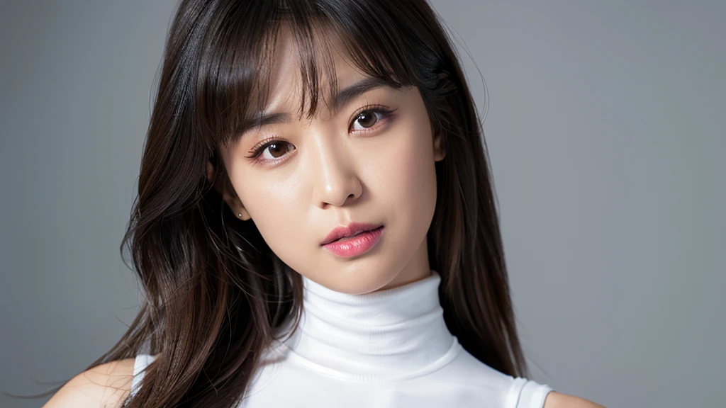 (Detailed face),vivid,White sleeveless top and turtleneck,4K,Ultra-high resolution,(Photorealistic:1.7),Black long hair,Gray background,