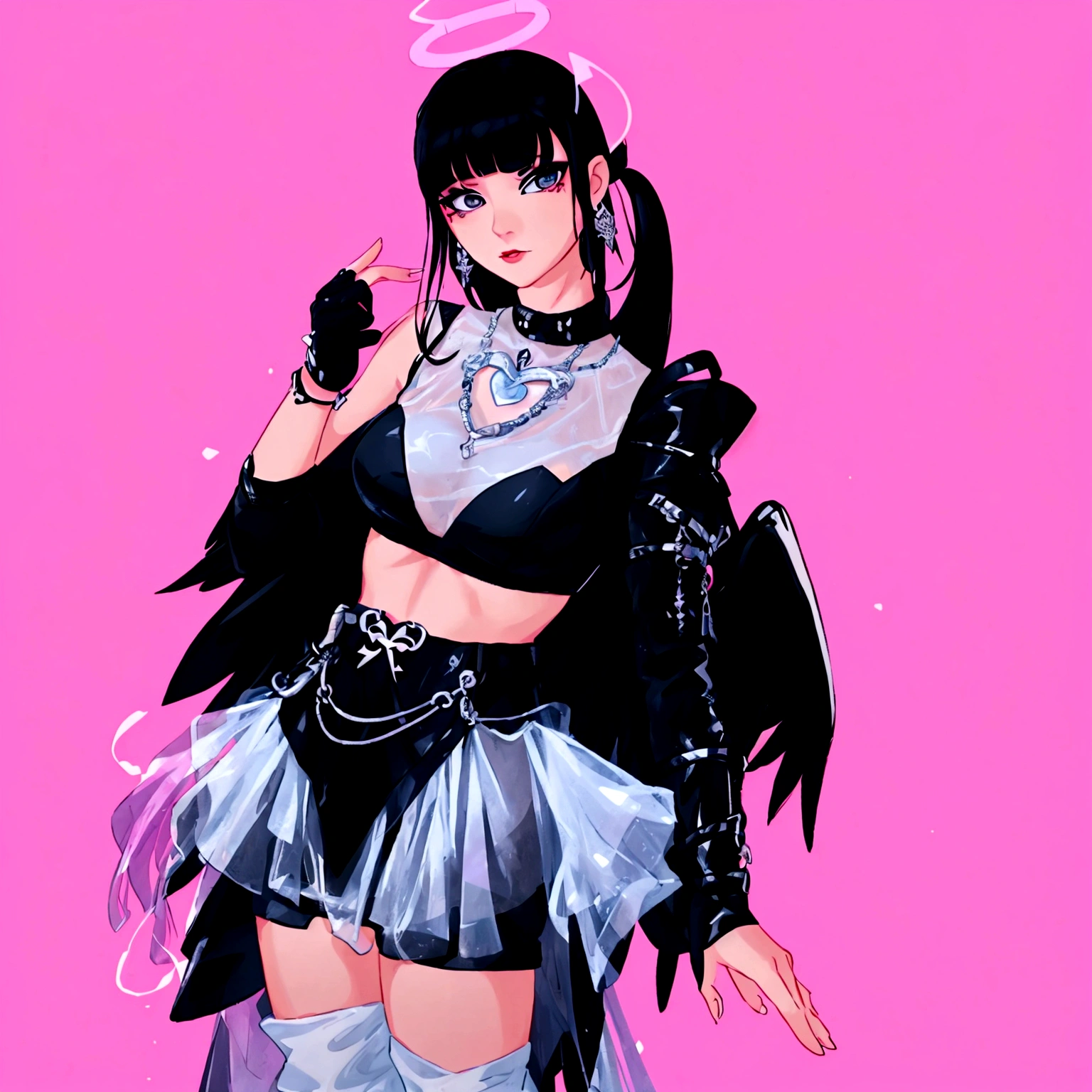 arafed image of a woman in a black outfit with a halo, wearing angel halo, imvu, as a mystical valkyrie, villainess has black angel wings, second life avatar, inspired by Sim Sa-jeong, upper body avatar, goth girl aesthetic, npc with a saint's halo, she has black hair with bangs, portrait of jossi of blackpink