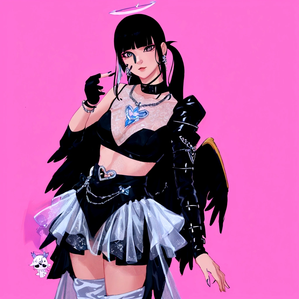 arafed image of a woman in a black outfit with a halo, wearing angel halo, imvu, as a mystical valkyrie, villainess has black angel wings, second life avatar, inspired by Sim Sa-jeong, upper body avatar, goth girl aesthetic, npc with a saint's halo, she has black hair with bangs, portrait of jossi of blackpink