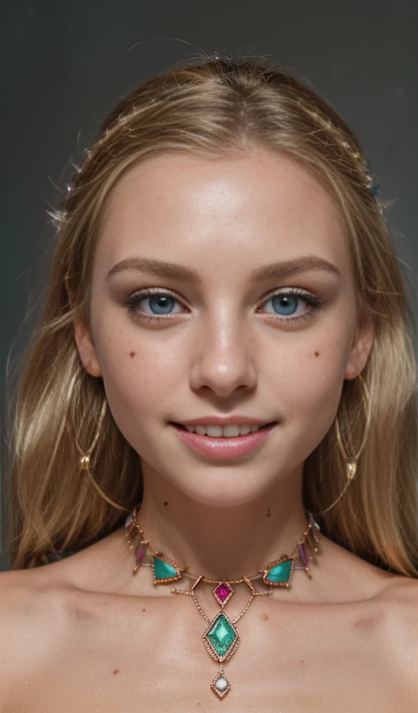 Front view, (blonde, blue eyes, showing teeths open mouth, sweet smile, moles, mole on cheeks:1.5), ((Teenage girl, kid, 15 years old girl, thin face, skinny:1.2)), slender, slim, close up, white coat, beige shirt, Slender and graceful, beautiful, ultra sharp focus, realistic shot, Winter theme, cold, ((necklage, gem necklage, Metallic texture, round hoop earrings, beautifull earrings, Details, hoop earrings with small diamonds encrusted, colored gems, blue gems, red gems, green gems:1.4)), White background, ((blonde, mole under eye, mole on cheeks:1.4)), blue eyes, 8K, Ultra HD，digital SLR camera，Gentle lighting，high high quality，filmgrain，Fujifilm XT3 sharp focu 5.6，high detal，Sharp focus
