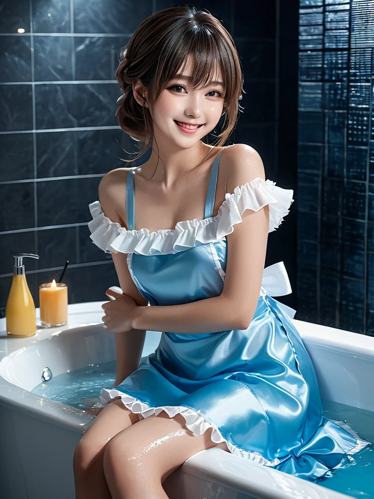 product quality, 1girl, full body shot, front view, a Japanese young pretty girl, shoulder length hair, wearing only a silky satin light blue apron with white frills over her naked body with a big smile, sitting in a bathtub in a luxury shower room, glamorous figure, wet hair, wet body, busty, hyper cute face, glossy lips, double eyelids in both eyes, natural makeup, long eyelashes, shiny smooth light brown hair, asymmetrical bangs, fair skin, central image, high resolution, high detail, detailed hairstyle, detailed face, cinematic lighting, octane rendering, vibrant, hyper realistic, perfect limbs, perfect anatomy