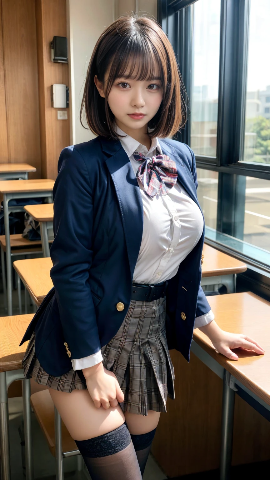 masterpiece, best quality, illustration, Super detailed, fine details, High resolution, 8K,wall paper, perfect dynamic composition,(Details High quality, realistic depiction of eyes:1.3), from side, High School Classroom、High school girl uniform、blazer 、Super Short Check Uniform Skirt、Navy blue high socks、garterbelts、Colossal tits、Disturbed uniform, short bob hair, black hair color, large breasts, Big Natural Color Lip, bold sexy pose, (perfect body shape), crying a little、cold gaze, Harajuku style、20 year old girl、cute type, beautiful legs, hposing Gravure Idol, Voluptuous thighs