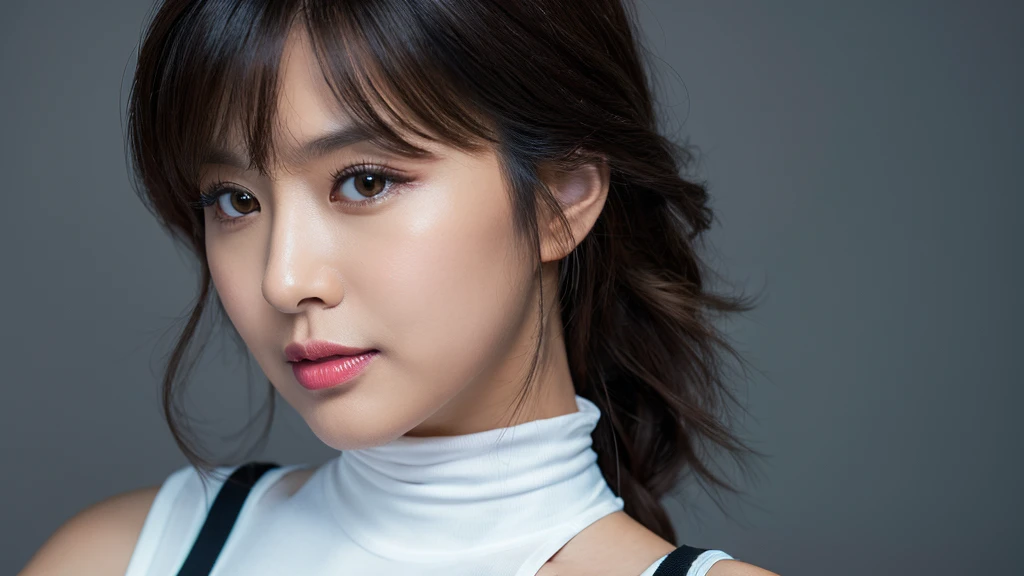 (Detailed face),vivid,White sleeveless top and turtleneck,4K,Ultra-high resolution,(Photorealistic:1.7),Black long hair,Gray background,