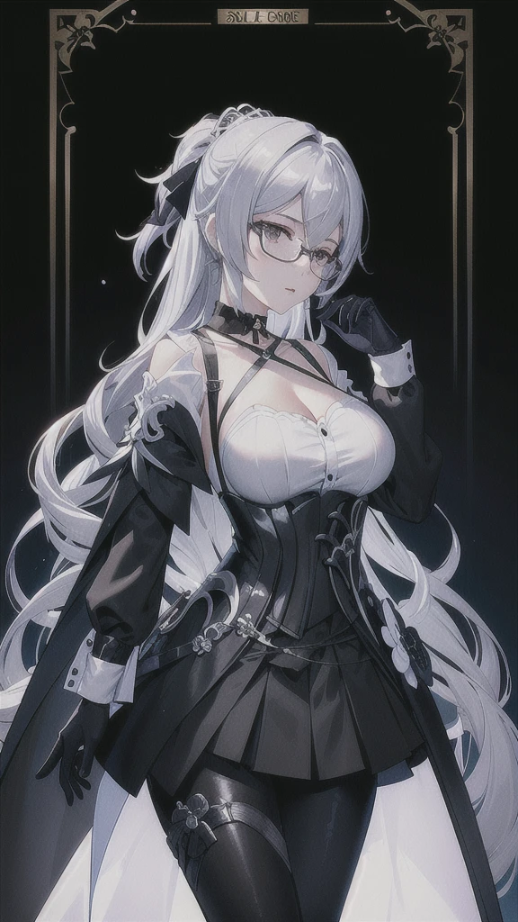 Masterpiece, Beautiful art, professional artist, 8k, detailed body, Very detailed face, very detailed eyes, Detailed clothing, detailed fabric, Best Quality, better resolution, 1 girl, bronya zaychik \(Honkai Impact 3rd\), front view, standing, big breasts, serious expression, At night , silver hair, glasses, choker:1.6, (white collar button down long sleeve shirt), (shiny black corset), black gloves that cover your hands, (shiny black leggings), looking at the viewer, elegant room, At night