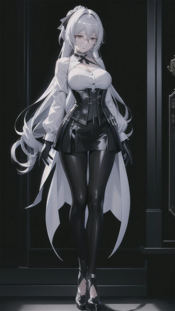 Masterpiece, Beautiful art, professional artist, 8k, detailed body, Very detailed face, very detailed eyes, Detailed clothing, detailed fabric, Best Quality, better resolution, 1 girl, bronya zaychik \(Honkai Impact 3rd\), front view, standing, big breasts, serious expression, At night , silver hair, glasses, choker:1.6, (white collar button down long sleeve shirt), (shiny black corset), black gloves that cover your hands, (shiny black leggings), looking at the viewer, elegant room, At night