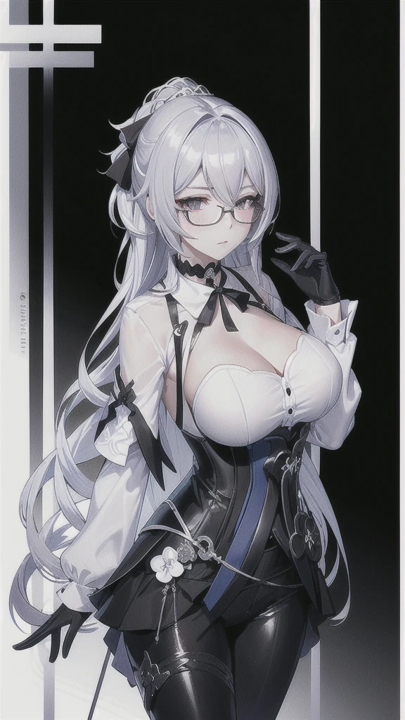 Masterpiece, Beautiful art, professional artist, 8k, detailed body, Very detailed face, very detailed eyes, Detailed clothing, detailed fabric, Best Quality, better resolution, 1 girl, bronya zaychik \(Honkai Impact 3rd\), front view, standing, big breasts, serious expression, At night , silver hair, glasses, choker:1.6, (white collar button down long sleeve shirt), (shiny black corset), black gloves that cover your hands, (shiny black leggings), looking at the viewer, elegant room, At night