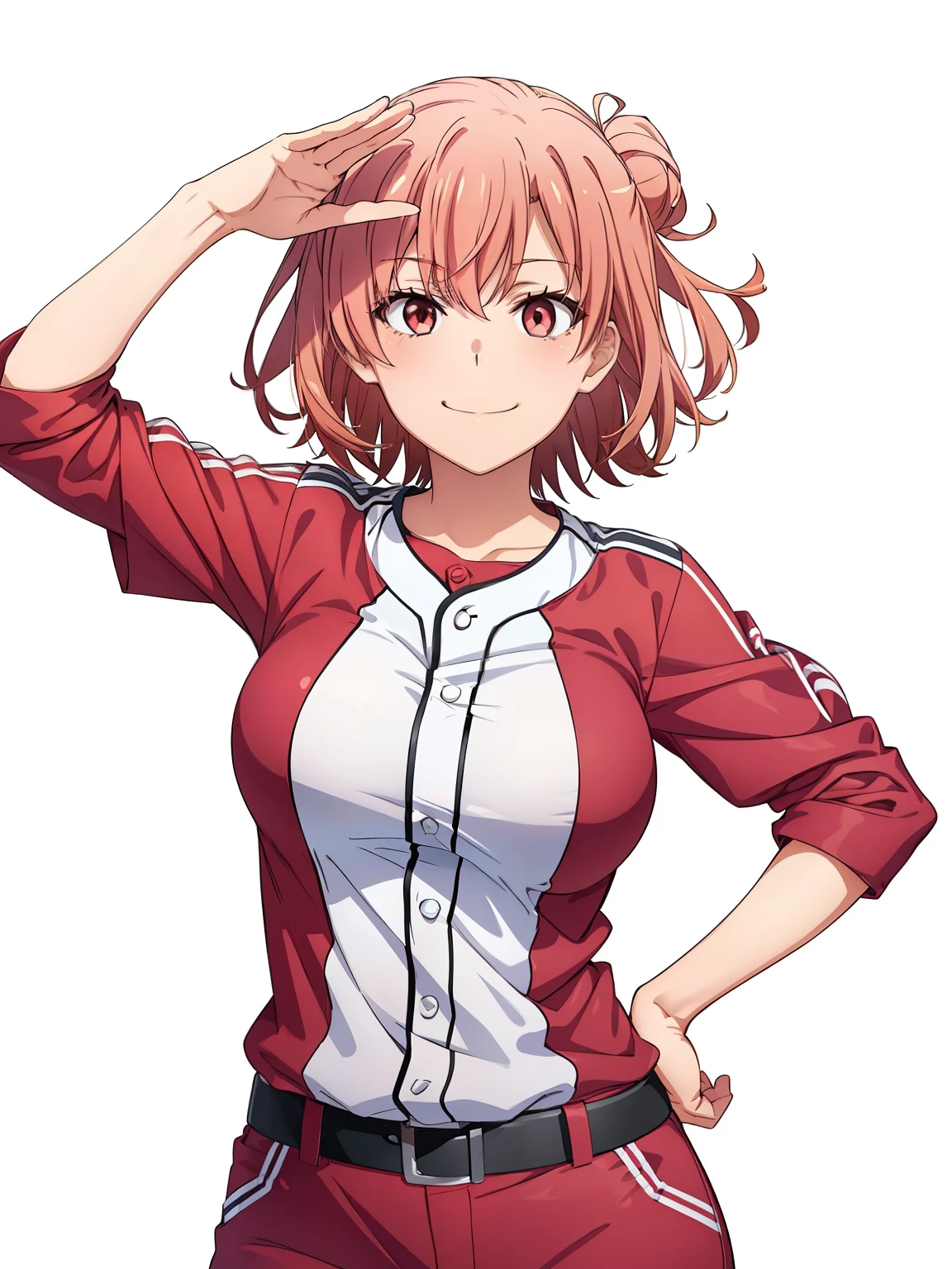 ((masutepiece, Best Quality, hight resolution, nffsw, Perfect Pixel, depth of fields, 4K, )), 1girl in, Solo, , Beautiful anime girl, Beautiful Art Style, close up, Looking at Viewer, Perfect body, Yuigahama Yui, Short hair, pink hair, hairbun, (large boob), baseball uniform, smiling, winking, one eye open, hand on hip, saluting, blank white background, cowboy shot