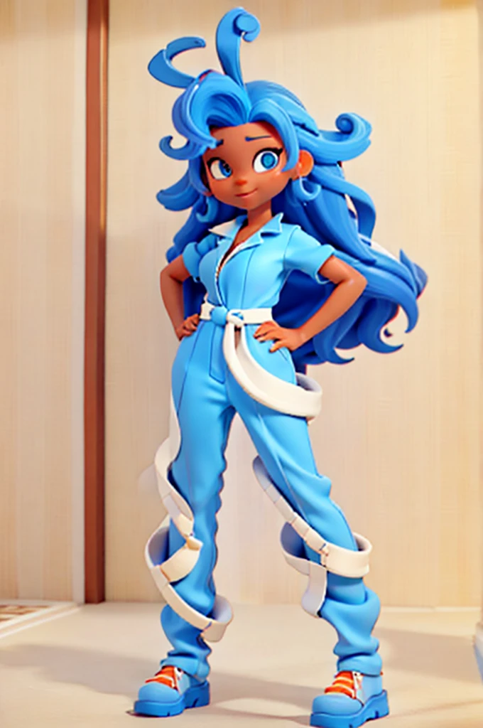Kizi, 3d, She has curly carrot-colored hair. Your skin is slightly tanned. It has a rounded e. He is dressed in a blue and white striped jumpsuit..