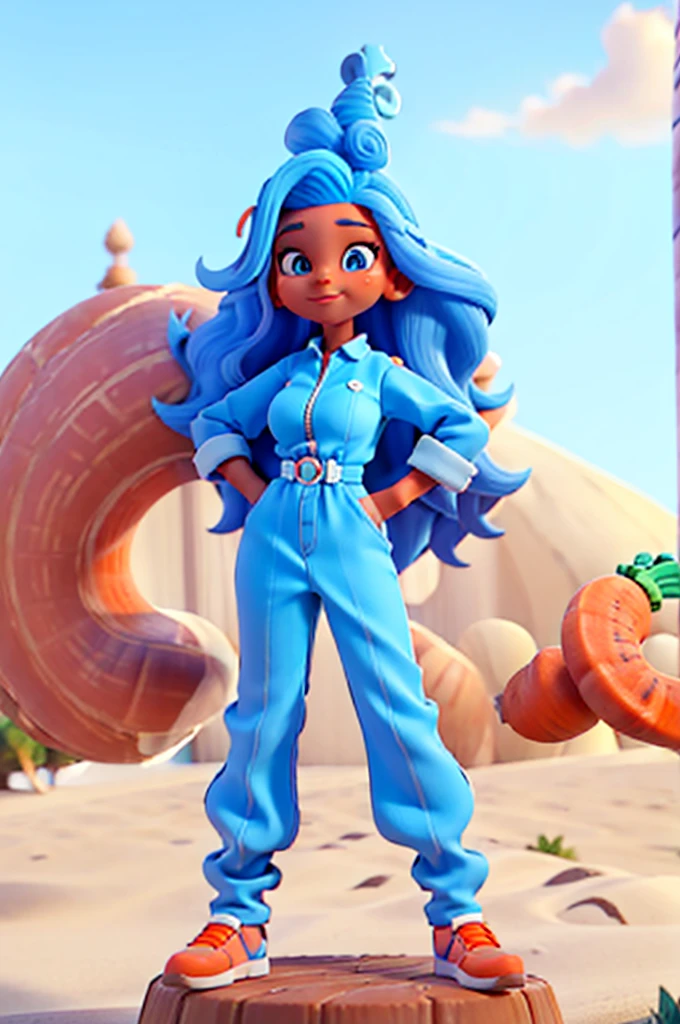 Kizi, 3d, She has curly carrot-colored hair. Your skin is slightly tanned. It has a rounded e. He is dressed in a blue and white striped jumpsuit..