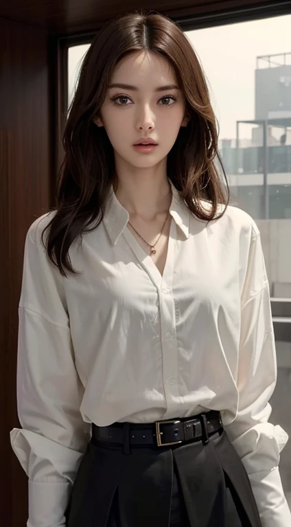 (Highest quality, High resolution, masterpiece :1.3), Tall and beautiful woman, Slim Abs, Dark brown hair styled in loose waves, chest, Wearing a pendant, White button-up shirt, belt, Black Skirt, (Modern architecture in the background), Exquisite expression of facial and skin texture details, Fine grain, double eyelid