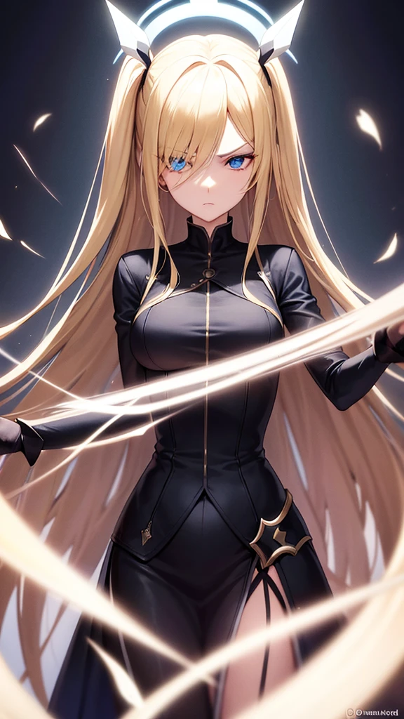Nara Vor EndField has long, flowing blonde hair that reaches her waist and piercing blue eyes, reflecting intelligence and sharpness. She wears a simple yet stylish black dress with a high collar and a belt at the waist, adding a touch of elegance. Her serious and focused expression suggests determination and readiness for a challenge. The abstract, glowing background enhances the mysterious and dramatic aura surrounding her, emphasizing her strong and charismatic presence.