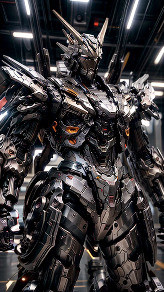 Barbatos gundam frame, facing forward with a flying pose, highly detailed mecha, intricate machinery, industrial aesthetic, sleek and streamlined design, metallic textures, futuristic technology, dynamic pose, dramatic lighting, muted color palette, cinematic atmosphere, (best quality,4k,8k,highres,masterpiece:1.2),ultra-detailed,(realistic,photorealistic,photo-realistic:1.37),concept art, digital painting