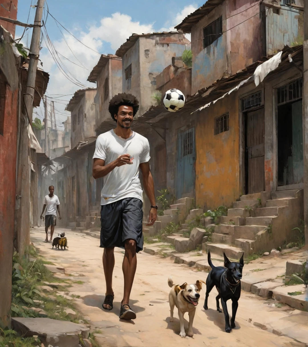 A poor Afro-Brazilian guy in a favela in Porto Alegre Rio Grande do Sul Brazil drawn by Todd McFarlane and Greg Capullo, he is wearing old and torn clothes, he is shotting a soccer ball and playing with the ball with your dog, a favela in the background, he is a soccer player, Robert Downey Jr Reference., engine unreal, octane rendering, por Jacob Lawrence e Francis Picabia, perfect composition, beautiful detailed intricate insanely detailed octane rendering trending on artstation, 8k art photography, photorrealistic concept art, soft natural volumetric cinematic perfect light, Bright dark, rewarded photography, work of art, oil on canvas, rafael, caravaggio, Greg Rutkowski, beetle, Beksinski, giger, a smile on your face with two large central incisors teeth, the detail, highy detailed, photo realist