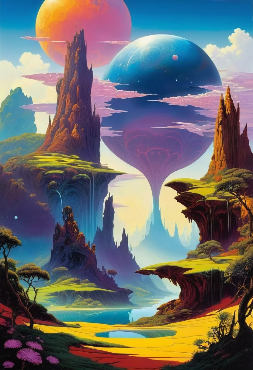 fantasy illustration landscape and cosmic Inspired by fantasy artwork from roger dean