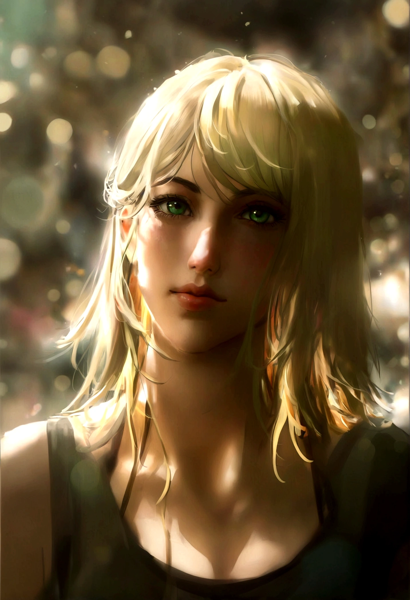 woman blonde hair green eyes and pink batm and a black top, realistic art style, RossDraws portrait, Artgerm portrait, Anime realistic artstyle, 4K realistic digital art, 4K realistic digital art, 8K Artgerm Bokeh, DeviantArt Artstation CGScosiety, ArtGerm extremely detailed, made with anime painter studio, RossDraw digital painting