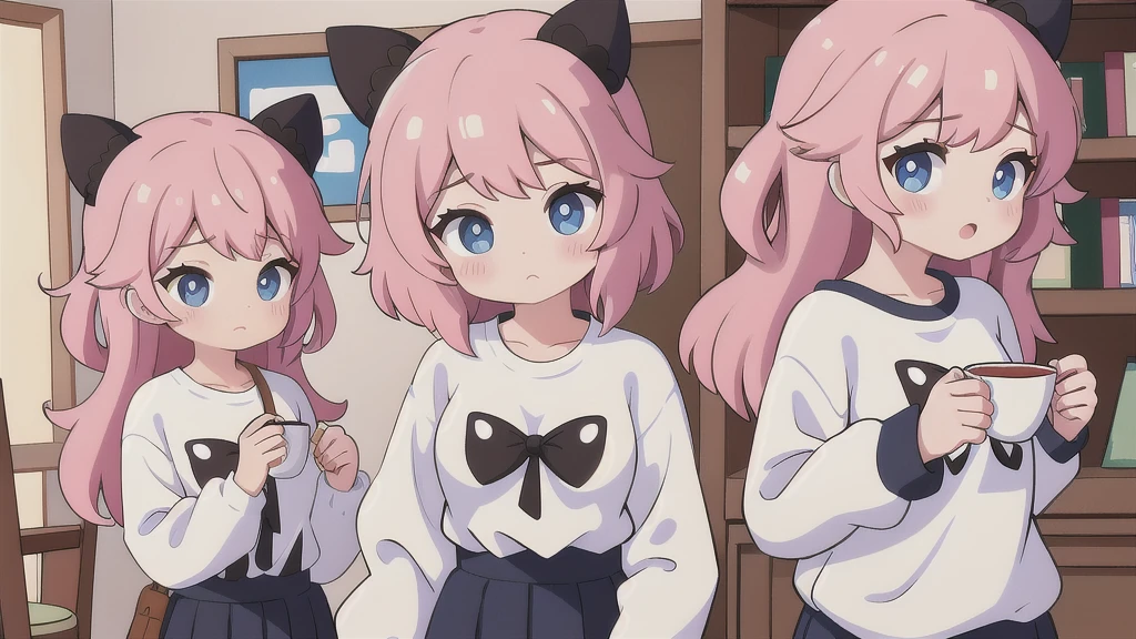 girl wearing a shirt but it doesn&#39;t fit because she has big breasts, anime style, blushing girl