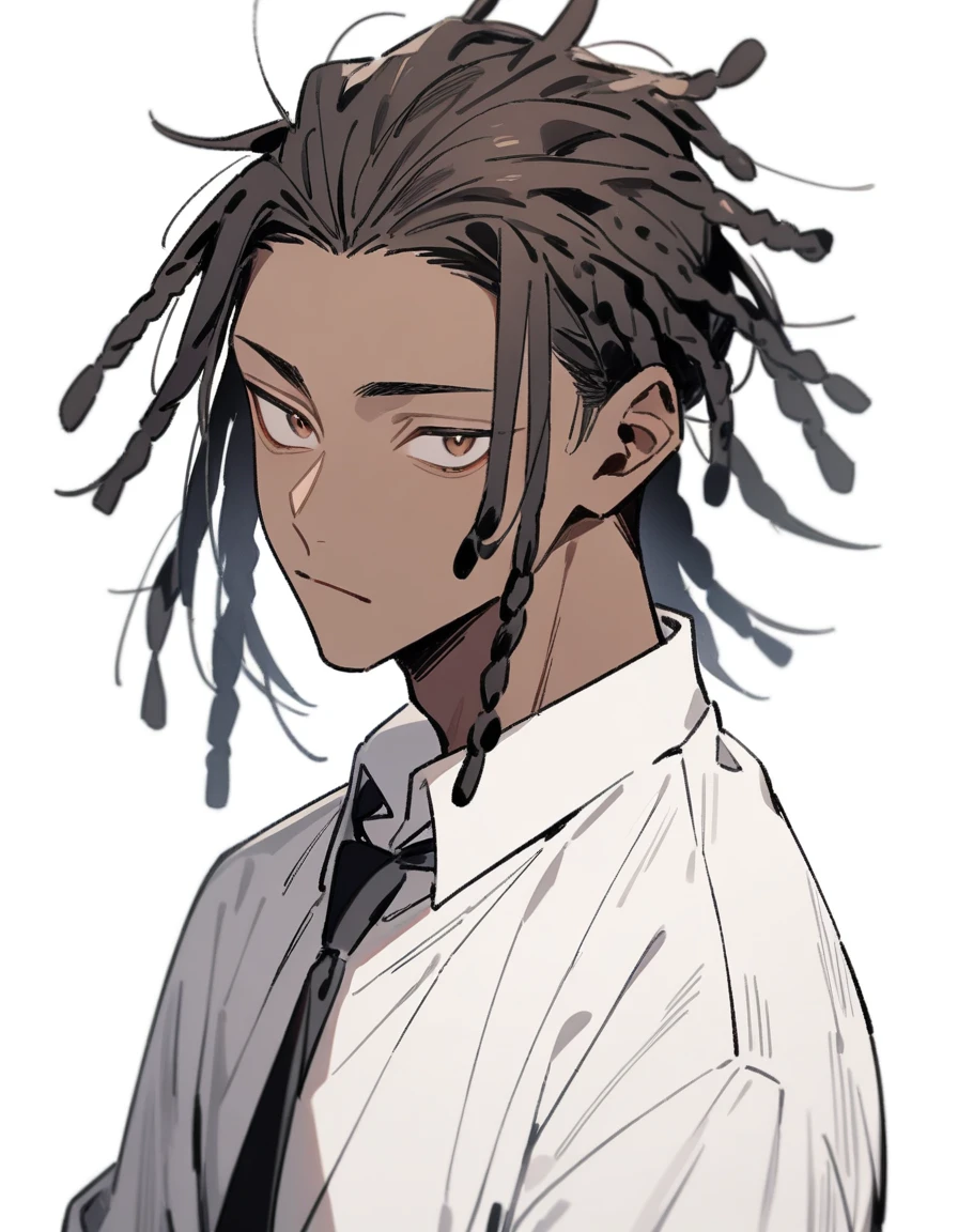 (1boy,jujutsu kaisen) solo, (white undershirt with black tie), (brown skin color), messy look, black hair, ((dreadlock hairstyle)), brown eyes, masterpiece, best quality, high quality, upper body, male focus, eye bags, 17 year old