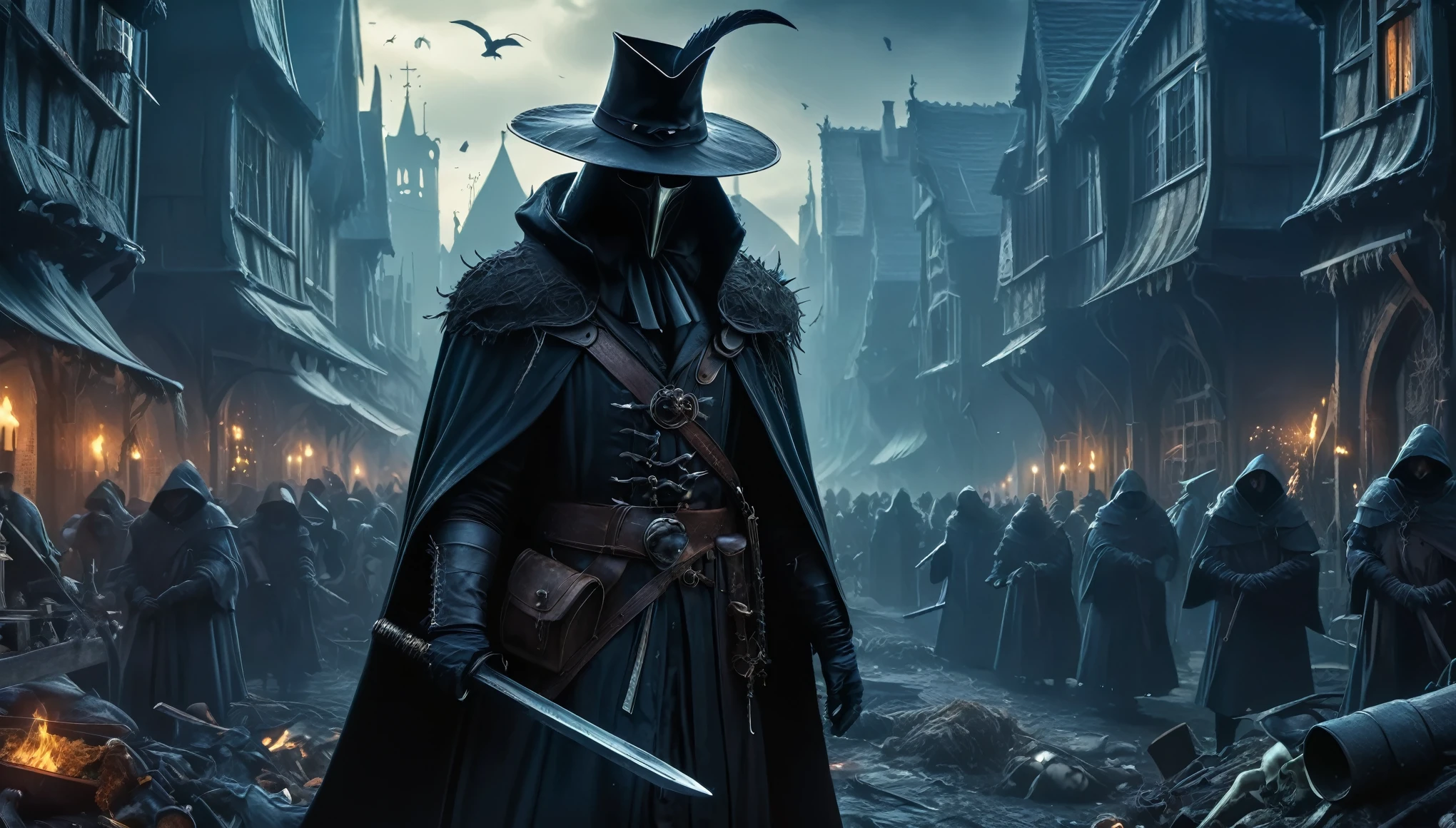 (anime, fantasy, black death), (detailed CG unity 8k wallpaper, masterpiece, best quality, ultra-detailed, HDR:1.2), vibrant colors, intricate, high FXAA, dark fantasy, black death medieval, plague doctor, plague, dark times, apocalypse, suffering