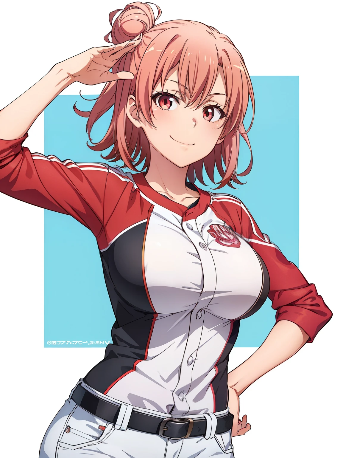 ((masutepiece, Best Quality, hight resolution, nffsw, Perfect Pixel, depth of fields, 4K, )), 1girl in, Solo, , Beautiful anime girl, Beautiful Art Style, close up, Looking at Viewer, Perfect body, Yuigahama Yui, Short hair, pink hair, hairbun, (large boob), baseball uniform, smiling, winking, one eye open, hand on hip, saluting, blank white background, cowboy shot