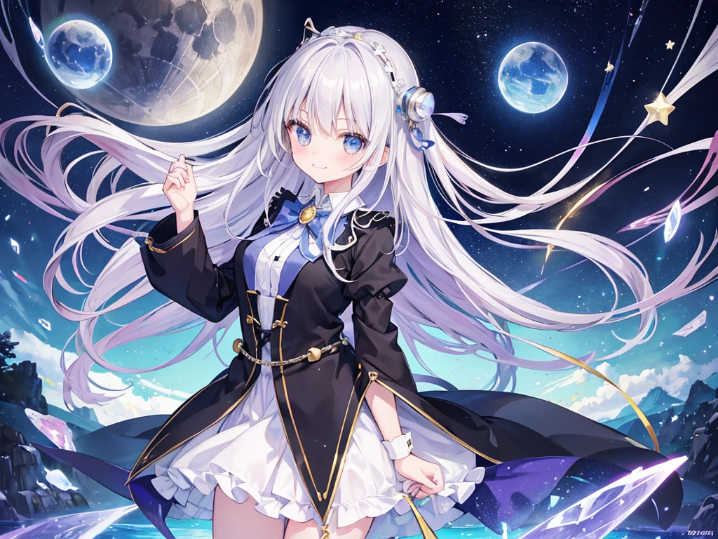 kawaii, anime, Cute, hyper quality, highly detailed, 16k, Front facing, Clarity, smile, long straight silver hair, lapis lazuli eyes, one girl, medieval worldview, pale colors, smile, bell, office, black butler uniform, upper body, accessories, Fantastic, light effects, bell, twenty years old, noble lady, bell, Astrology, Posture with a little movement,