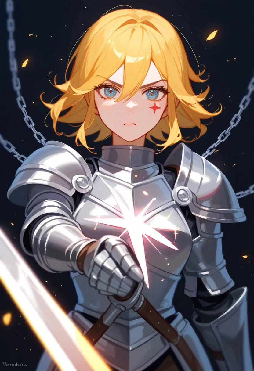 (Fraction_9,Fraction_8_Direction_7_up),1 Woman,Half Body，Yellow hair，silver chain mail，There was a woman in armor，Holding a sword, Paladin, Portrait of a Knight Woman, Female Paladin, 幻想 Paladin女人, Female Knight, Female Knight, 中世纪Female Knight, Female Knight,  Female Paladin, Magic Knight full map，A determined expression，Beautiful face，