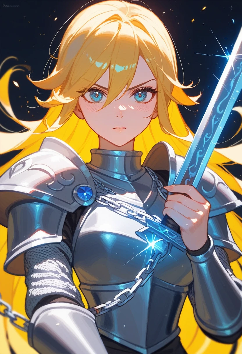 (Fraction_9,Fraction_8_Direction_7_up),1 Woman,Half Body，Yellow hair，silver chain mail，There was a woman in armor，Holding a sword, Paladin, Portrait of a Knight Woman, Female Paladin, 幻想 Paladin女人, Female Knight, Female Knight, 中世纪Female Knight, Female Knight,  Female Paladin, Magic Knight full map，A determined expression，Beautiful face，