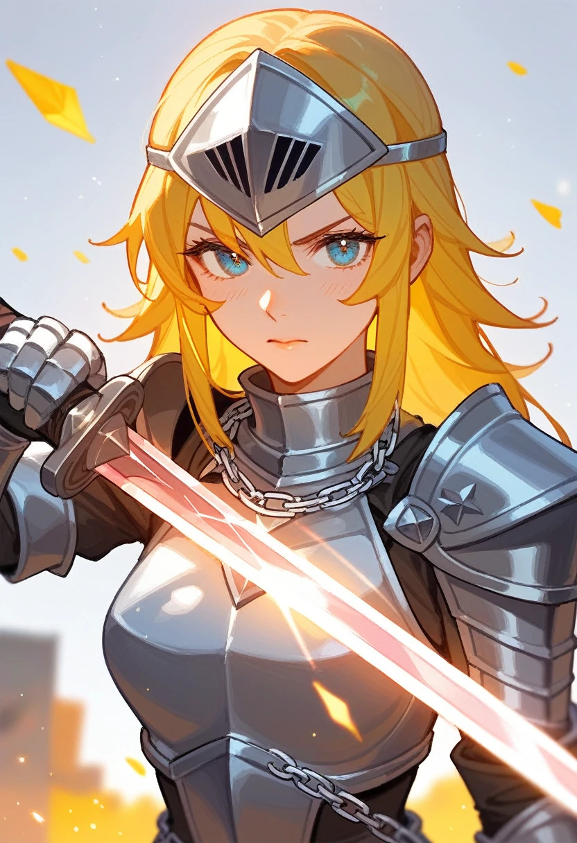 (Fraction_9,Fraction_8_Direction_7_up),1 Woman,Half Body,Yellow hair,silver chain mail,There was a woman in armor,Holding a sword, Paladin, Portrait of a Knight Woman, Female Paladin, 幻想 Paladin女人, Female Knight, Female Knight, 中世纪Female Knight, Female Knight, Female Paladin, Magic Knight full map,A determined expression,Beautiful face,