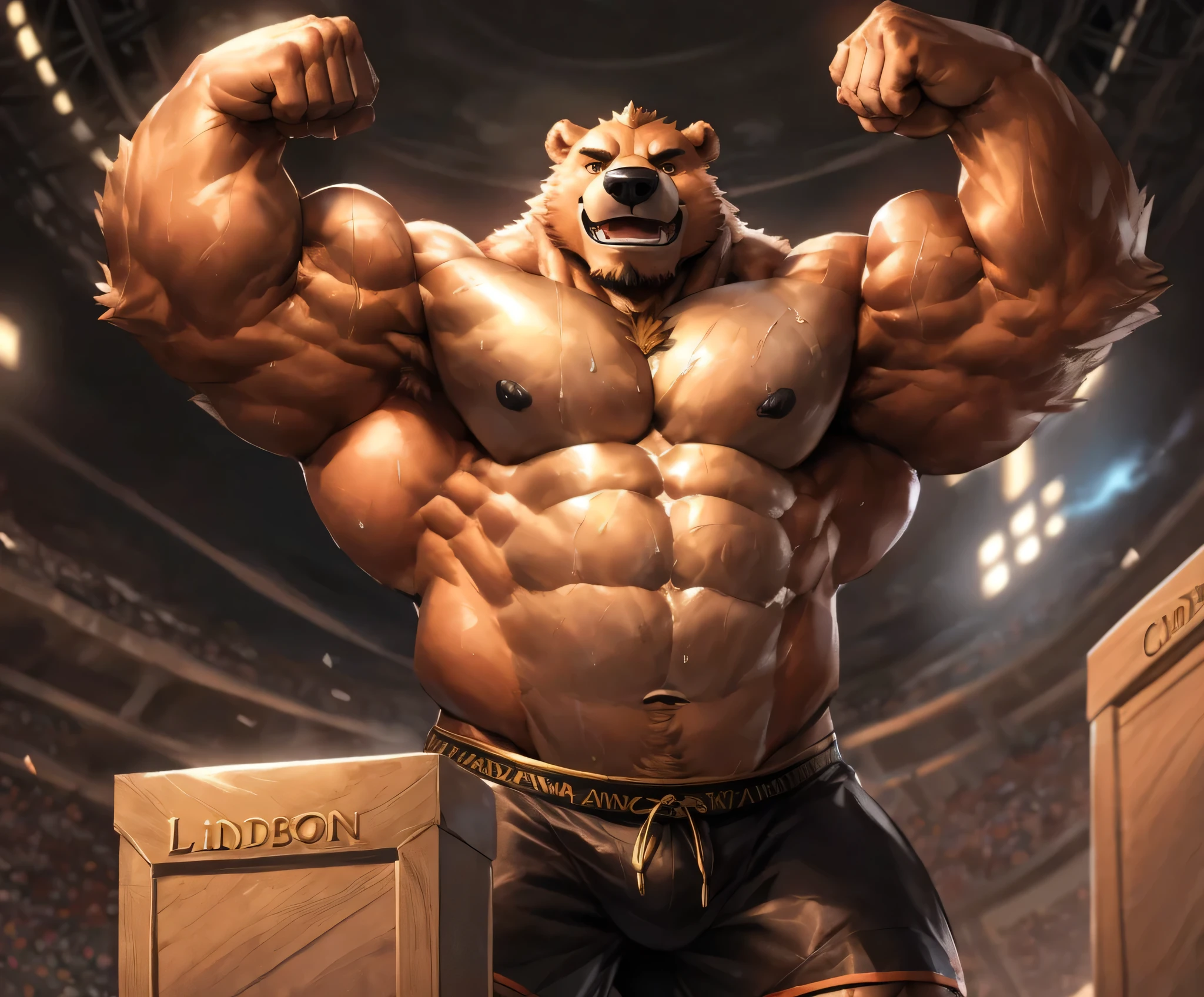 human nature, cannon, male, solitary, ((the strong，Handsome)), (Grizzly Bear), Chibo，Six-pack abs，(Athletics，podium)，flexing victory，Black shorts，Sweat:1.3，gold metal:2.1, high quality, (4K,high quality, high resolution, masterpiece), cartoon,by lindong