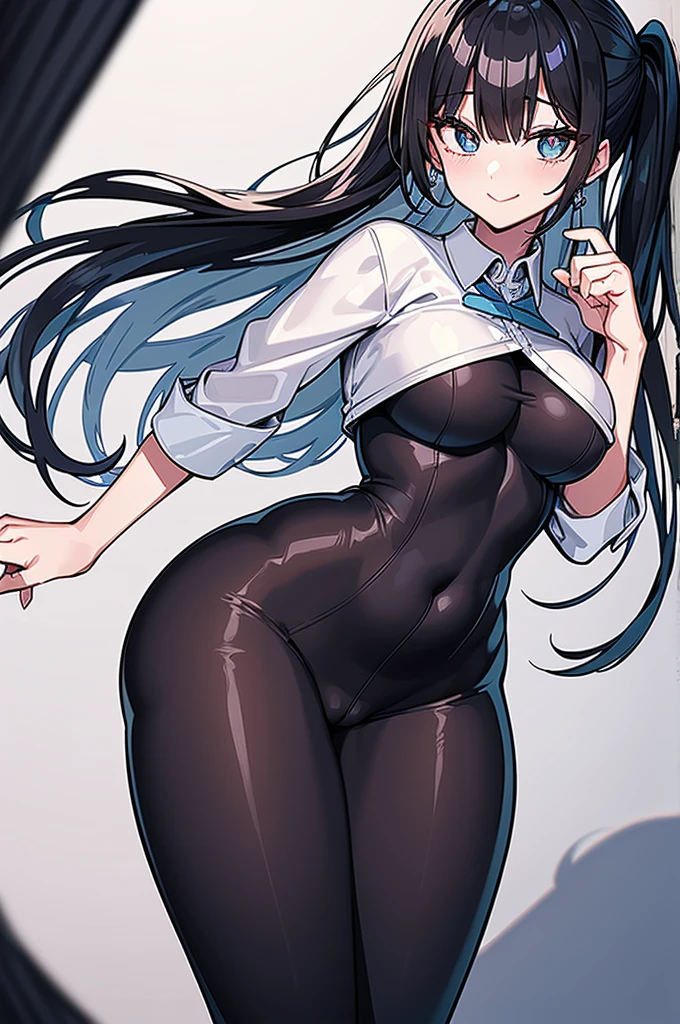 A woman with long black hair, light blue eyes,blank pants, wearing a white shirt and black pants, smiling, tight pants, fat butt, white butt, beautiful butt, fat butt, beautiful butt, ass, with her back to me, her back to , buttocks, butt, camel toe, pubic mound Du Qiong, anime girl, blush, tenderness, smile, high quality, don't show excessive composition problems, masterwork, skin Fair, smooth skin, clear pupils, high-definition picture quality , perfect composition, fine characterization, extreme details, coordination of light and shadow, precise body proportions, (correct proportions of facial features), (exquisitely sculpted face), epic works, 8K, (Masterpiece), (High Quality), (Super Detailed), ((Illustration))