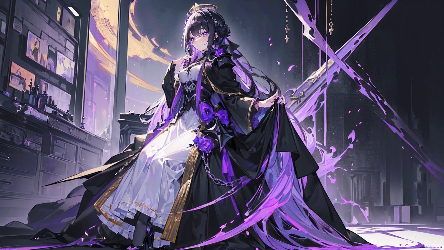 (Super detailed)),((illustration)),((masterpiece)),(((need))),((fine、Highest quality CG Unity 8K wallpapers,masterpiece),((4K,masterpiece,best quality)),Black hair queen,Sexy,Lilac eyes,Standing upright in a coffin,Mature,Hair Bunch,Hair tied on both sides,Black and gold gauze robe,Black and purple French vintage clothing,Gorgeous pure black cape,Black veil,Purple-white halo,Black and purple high heels,Wearing a crown on the head,Holding a knight's sword,pyramid,Emitting dim purple light,under deep sea,under deep sea的废墟,under deep sea排满棺材,Mysterious symbols