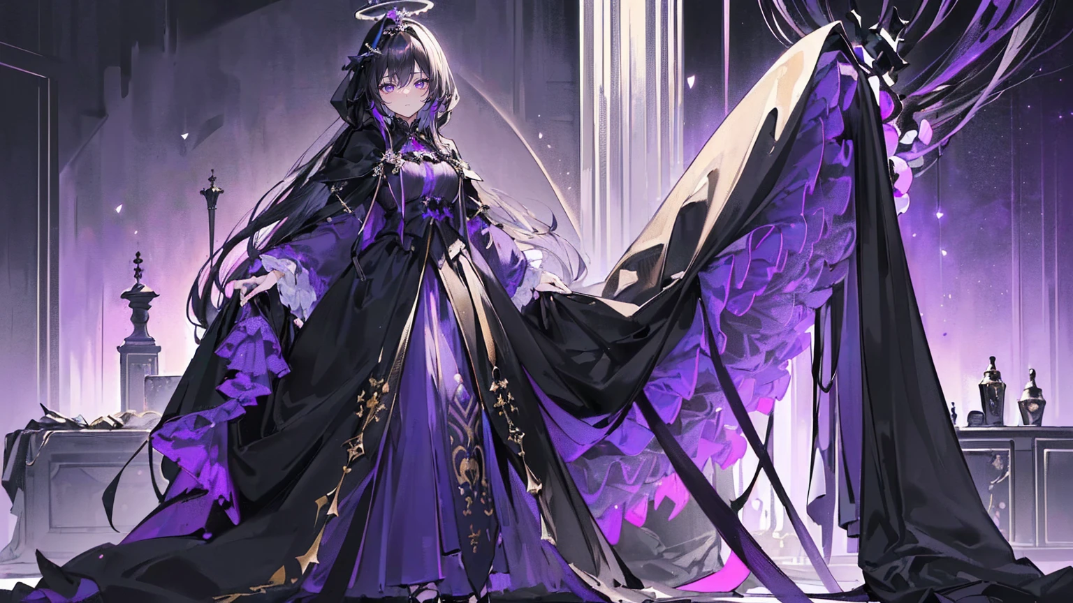 (Super detailed)),((illustration))，((masterpiece)),(((need))),((fine、Highest quality CG Unity 8K wallpapers，masterpiece），（（4K，masterpiece，best quality）），Black hair queen，Sexy，Lilac eyes，Standing upright in a coffin，Mature，Hair Bunch，Hair tied on both sides，Black and gold gauze robe，Black and purple French vintage clothing，Gorgeous pure black cape，Black veil，Purple-white halo，Black and purple high heels，Wearing a crown on the head，Holding a knight&#39;s sword，pyramid，Emitting dim purple light，under deep sea，under deep sea的废墟，under deep sea排满棺材，Mysterious symbols