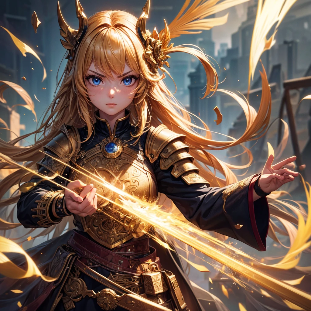 best quality, masterpiece, high quality, highres, absurd res, 4K, 8K, intricate details, ultra-detailed, (1girl, solo),A fierce warrior with golden hair and eyes that blazed with determination.