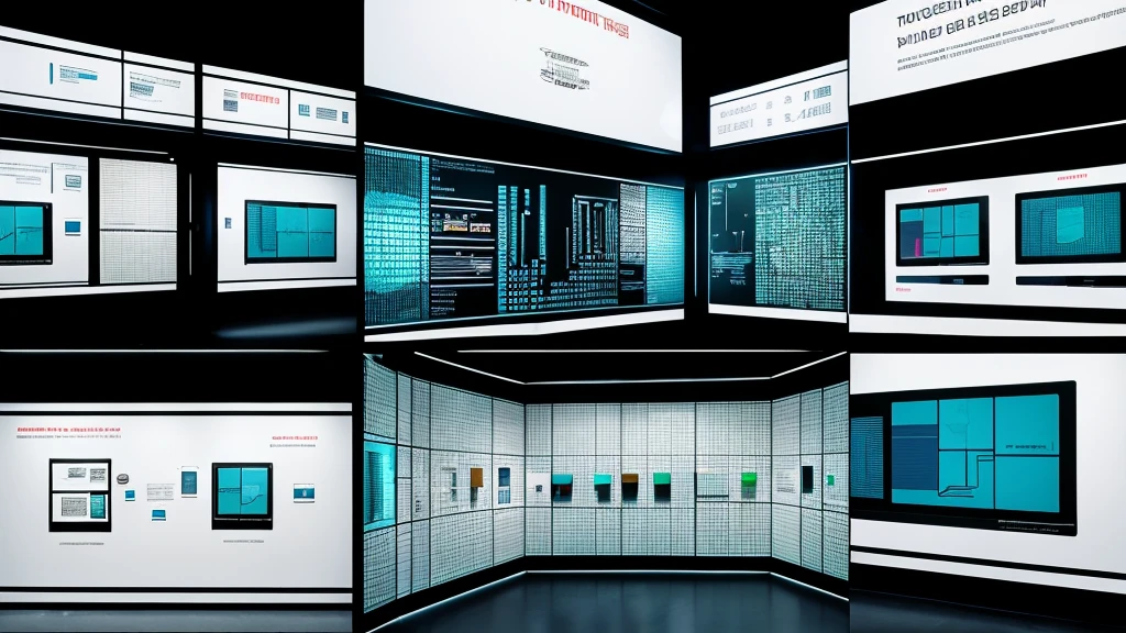 Generate a conceptual image of an exhibition showcasing RTK-related products. The exhibition should include posters with information about RTK and the products, incorporating technological elements. The design should feature professional and futuristic elements such as digital grids, glowing lines, and high-tech icons. The overall style should be sleek and sophisticated, emphasizing the precision and innovation of navigation and positioning technology.