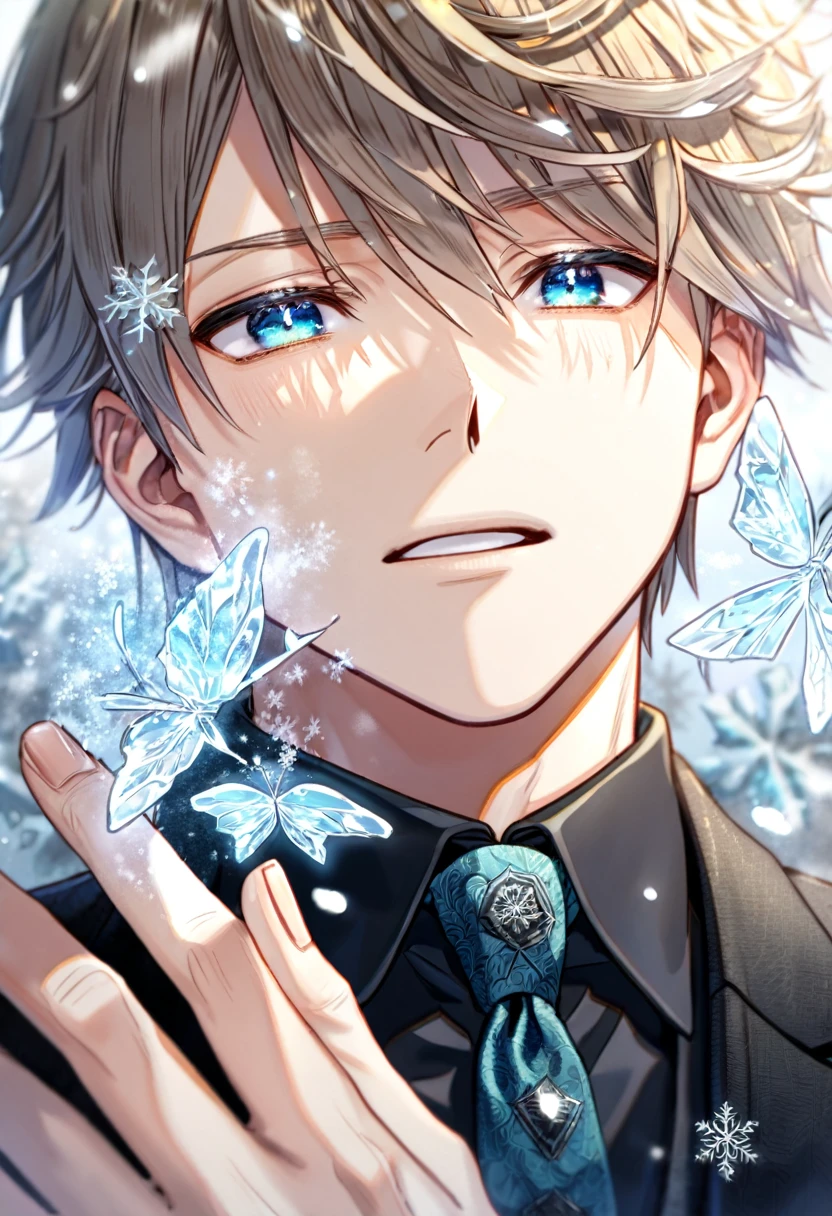 Ultra detailed, HDR, Highres, absurdres, master piece, Inukai Sumiharu, dark blond hair, expressive teal eyes, black necktie, black suit, World Trigger, ice butterflies, winter, ice, snowflakes, white flowers, sexy man, solo, cold, handsome, glittering,