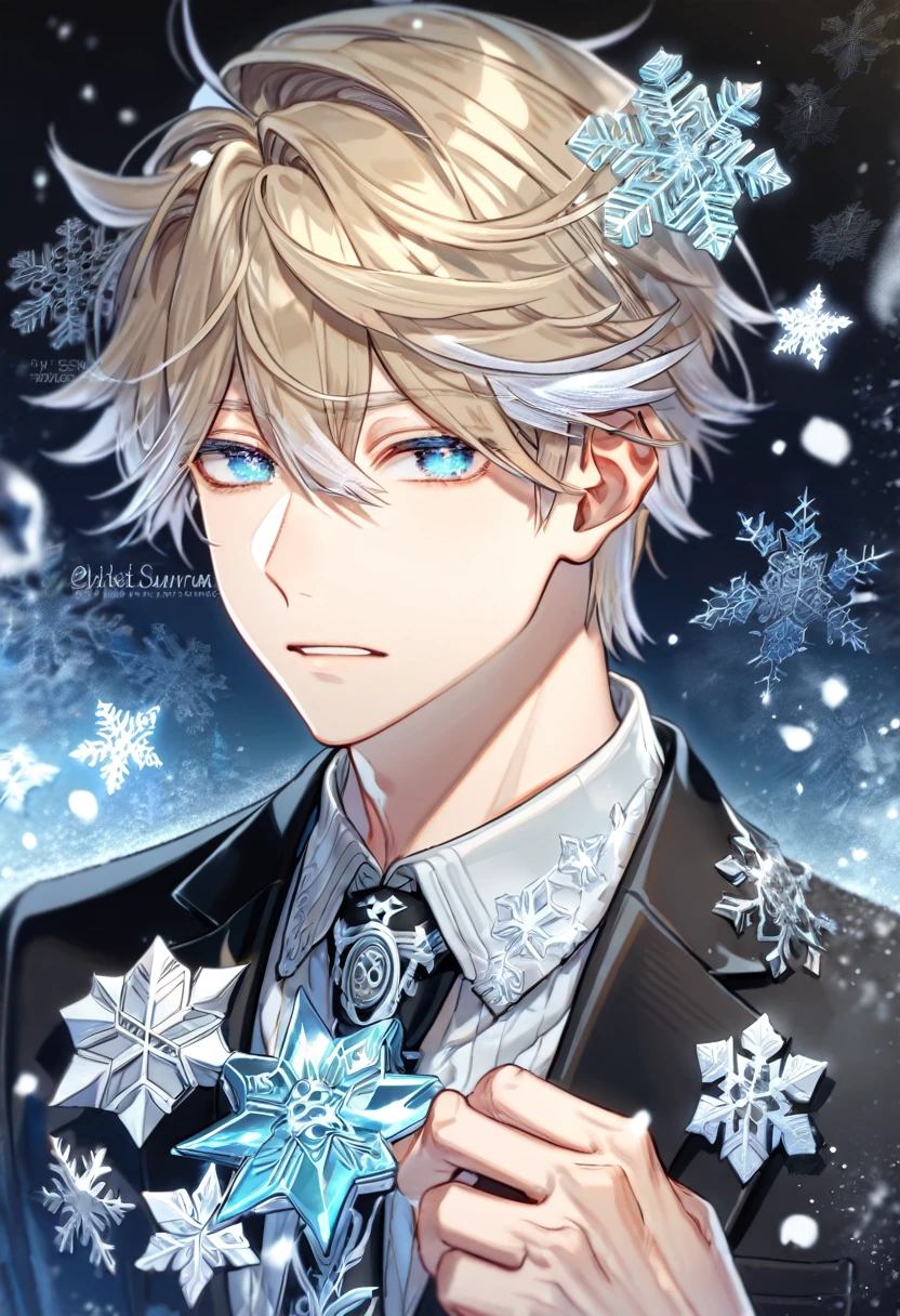 Ultra detailed, HDR, Highres, absurdres, master piece, Inukai Sumiharu, dark blond hair, expressive teal eyes, black necktie, black suit, World Trigger, ice butterflies, winter, ice, snowflakes, white flowers, sexy man, solo, cold, handsome, glittering,