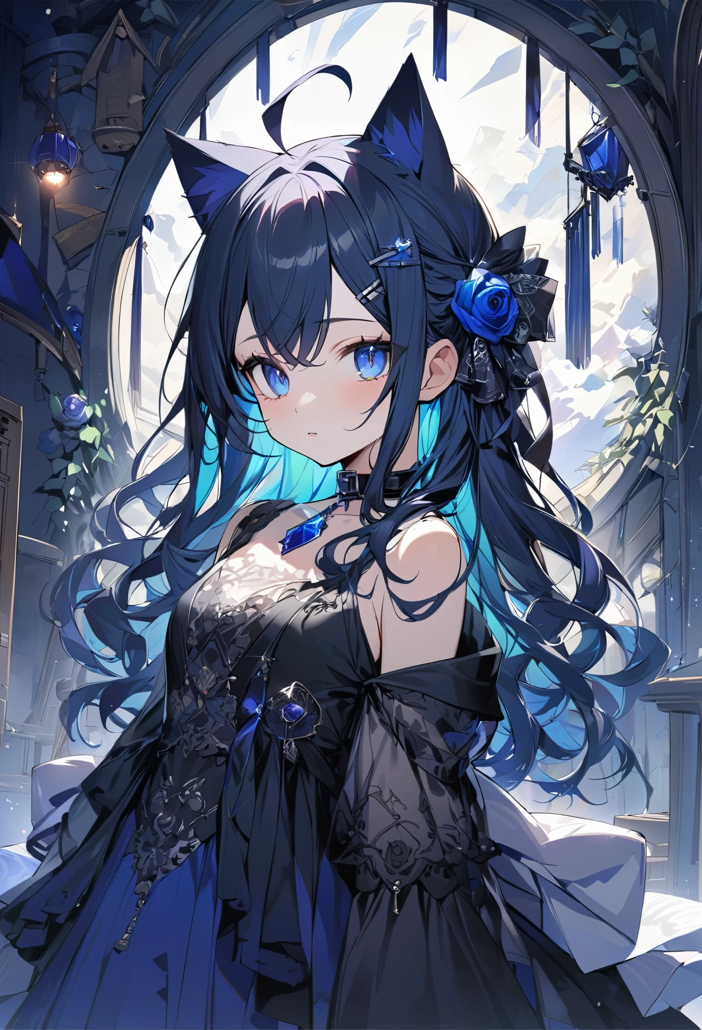 (masterpiece), (Highest quality), (1 Girl)), wonderful, Beautiful details in the eyes, Fine details, Depth of written boundary, original, ((Highest quality)), ((Very detailed)), (Best illustrations), (Best lighting, Best Shadow), (Very delicate and beautiful)), Very detailed壁紙, Dream Background, landscape, young girl, change, whole body, single, alone, , Gothic, , woman , young , Sapphire crystal eyes, Float Semi-Band Long Sapphire Crystal Hair, Ahoge, Wavy shoulder length sapphire crystal long hair, Sapphire crystal hair ornament, Sapphire Crystal Hair Clip, Cat ear, collar,green_Rose