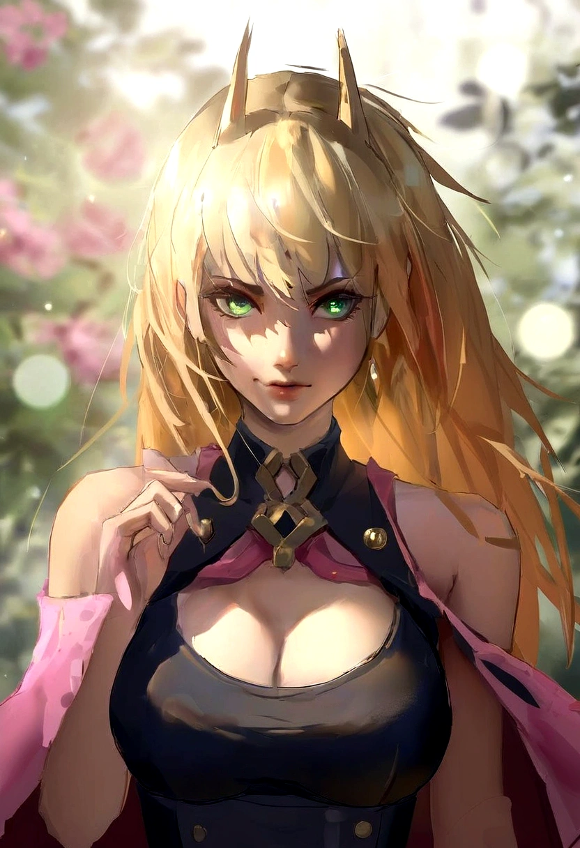 woman blonde hair green eyes and pink batm and a black top, realistic art style, RossDraws portrait, Artgerm portrait, Anime realistic artstyle, 4K realistic digital art, 4K realistic digital art, 8K Artgerm Bokeh, DeviantArt Artstation CGScosiety, ArtGerm extremely detailed, made with anime painter studio, RossDraw digital painting