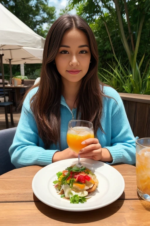 woman sitting at a table with a drink and a plate of food, with a drink, profile picture, Cold, summer's afternoon, drinking cocktail, 30 year old woman, 3 0 year old woman, by Sam Dillemans, holding a drink, taken in the early 2020s, Lt. Bernie D'Andrea, Having a good time 🤬 🤮 💕