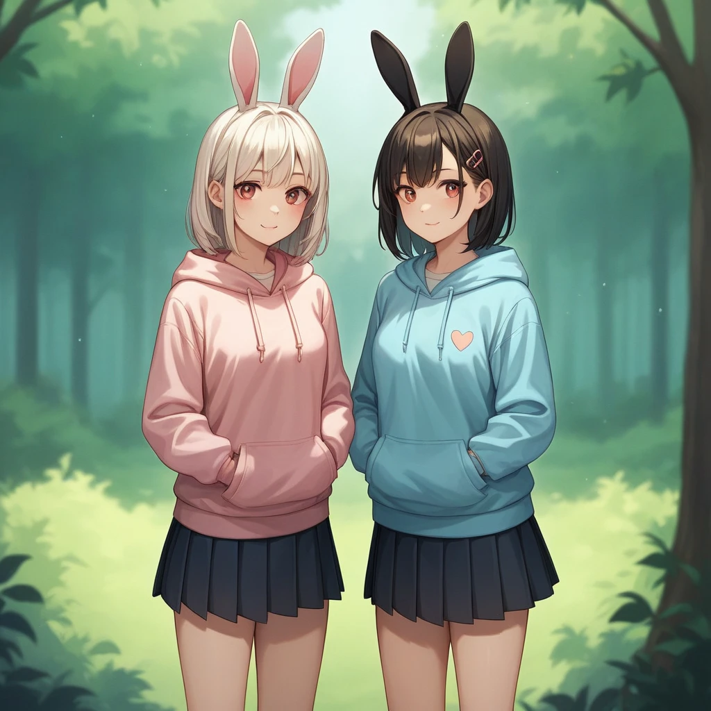 source_anime, score_9, score_8_up, Best girl, rabbit ears, hoodie, skirt, forest background